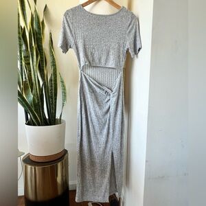 🩶Gray Ribbed cutout waist grey Knit Dress w side slit, size L